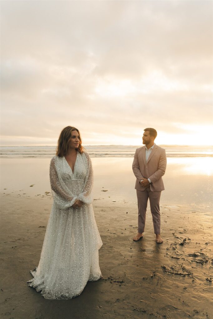 golden hour picture of the bride and groom 