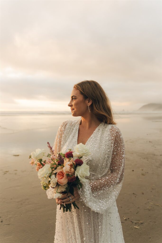 cute picture of the bride at her oregon coast elopement 