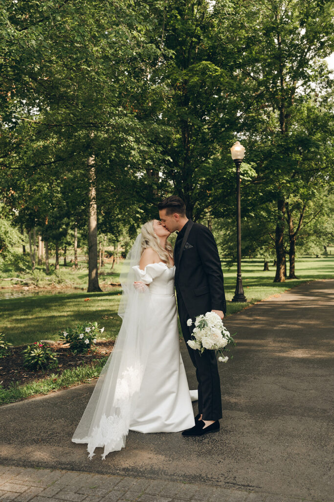 picture of the bride and groom kissing 