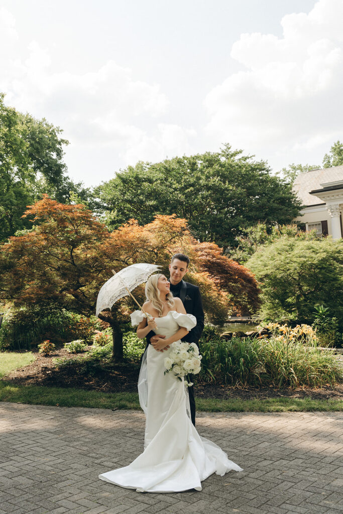 bride and groom looking at each other 