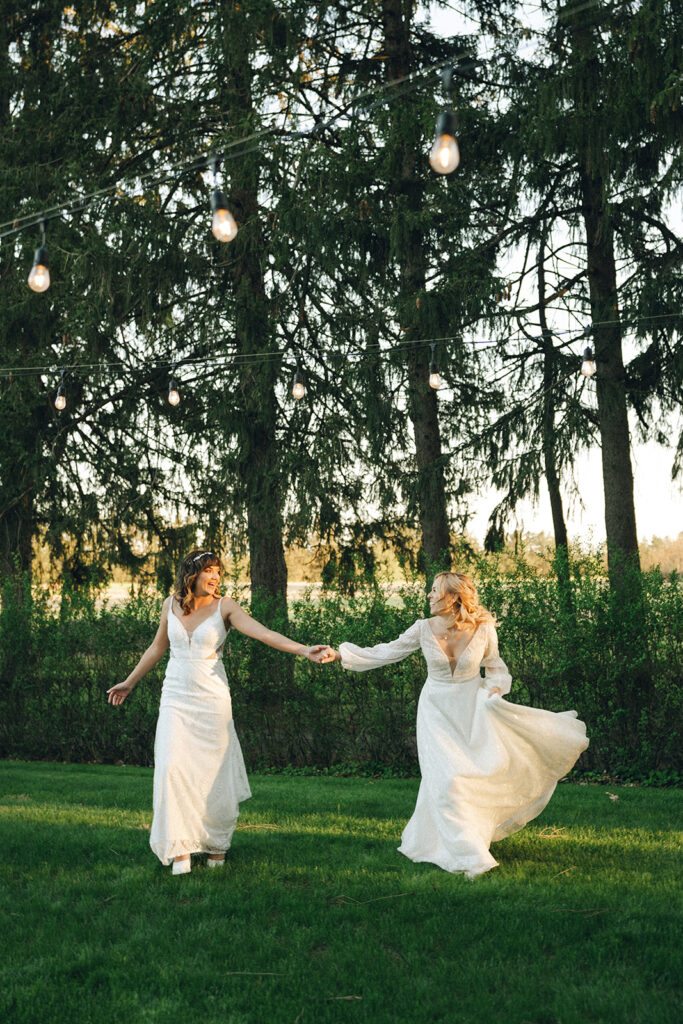 couple running around their wedding venue 