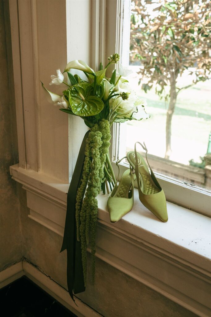 green wedding bouquet with green shoes 