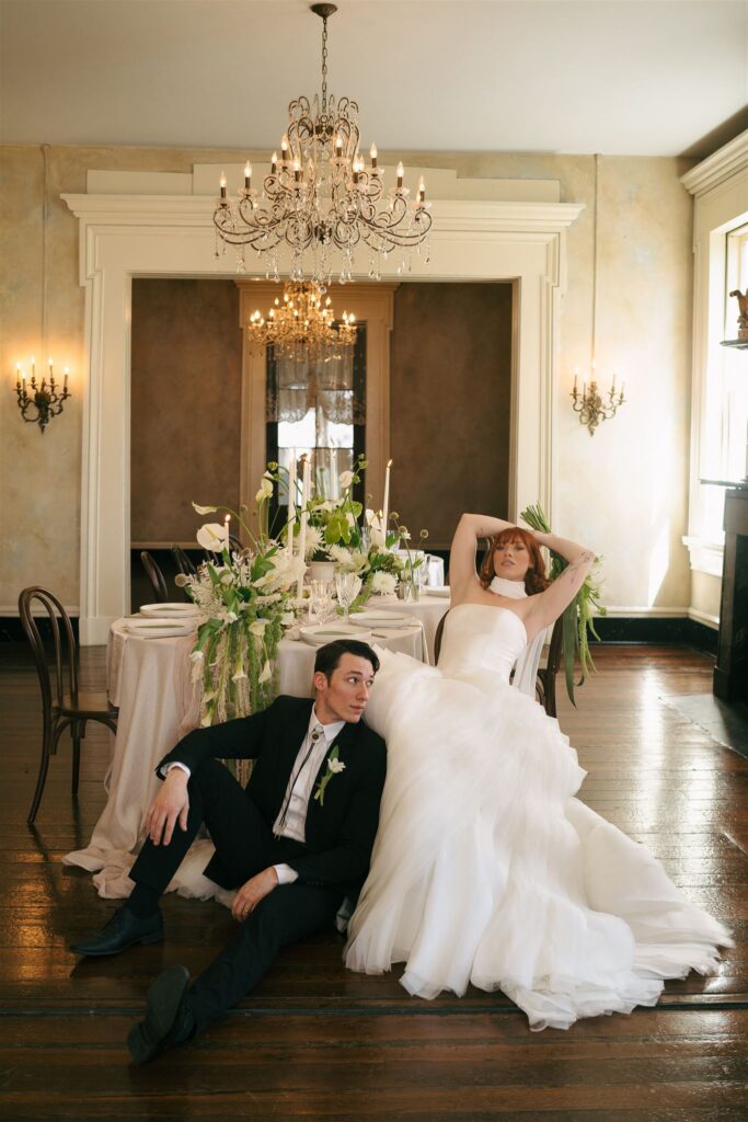 editorial wedding couple at Riverwood Mansion 
