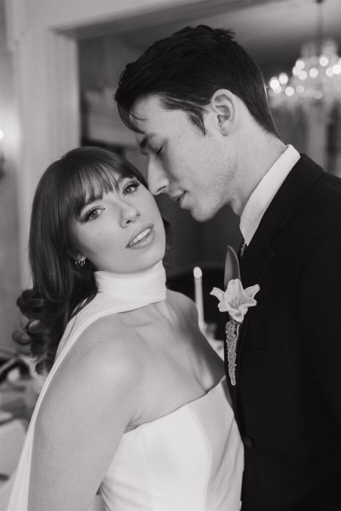 black and white bridal couple at Riverwood mansion 