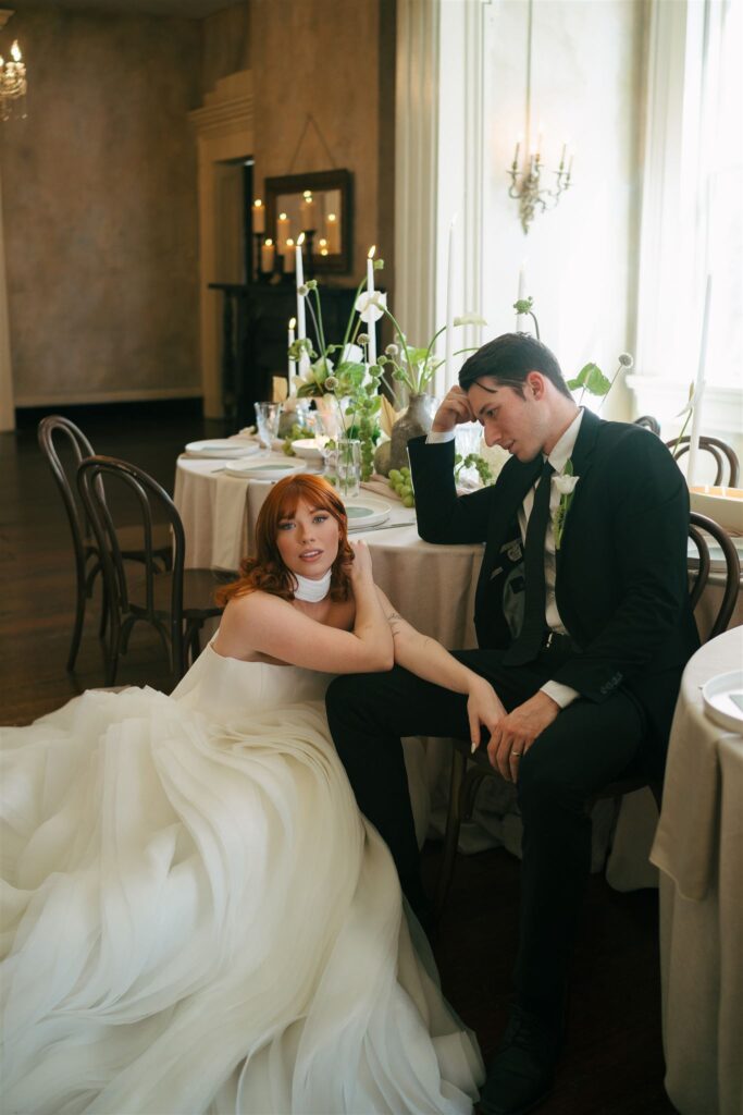 serious bridal couple at Riverwood mansion 