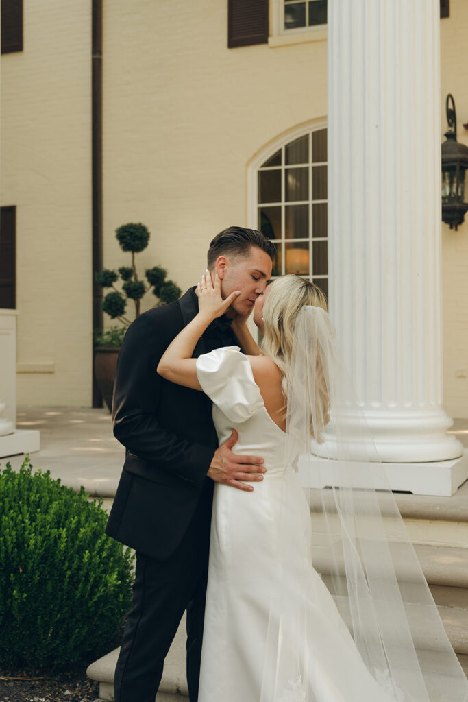 summer bride and groom almost kissing 